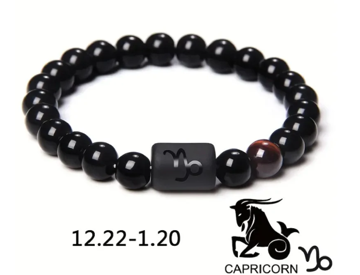 Capricorn Zodiac Signs Beaded Bracelet - Natural 8mm Black Onyx Stone Beads