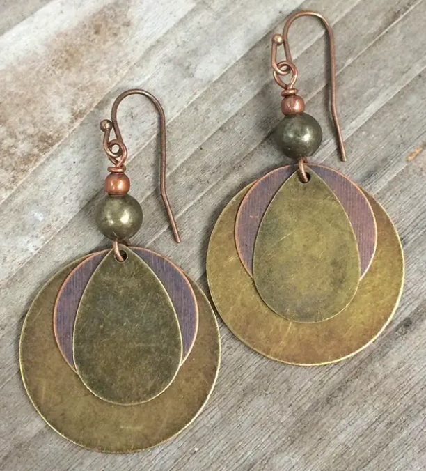 Bronze Boho Round Drop Shaped Layered Dangle Earrings - Hypoallergenic