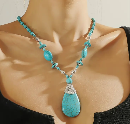 Genuine Turquoise Teardrop-shaped Pendant Necklace - Handcrafted, Statement Necklace