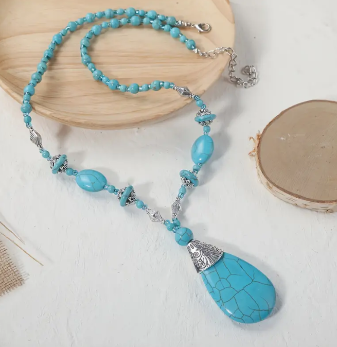 Genuine Turquoise Teardrop-shaped Pendant Necklace - Handcrafted, Statement Necklace