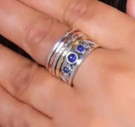 Beautiful Handcrafted Vintage Large Band Boho Style Three Tone Lapis Lazuli Ring - Mix Metals-Copper-Bronze