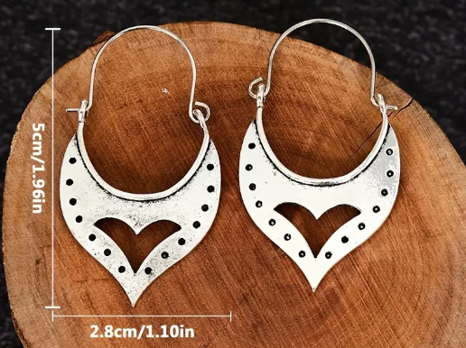 Vintage Bohemian Sterling Silver Cutout Heart Shape Hoop Dangle Earrings