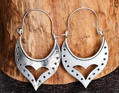 Vintage Bohemian Sterling Silver Cutout Heart Shape Hoop Dangle Earrings