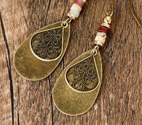Retro Bohemian Carved Pattern - Drop Shape Dangle Earrings - Hypoallergenic