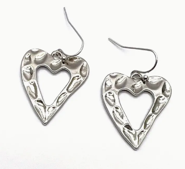 Heart-Shaped Hammered Design Dangle Earrings - Silver-Plated Zinc Alloy - Hypoallergenic