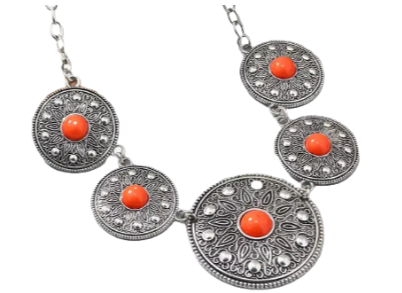 Boho Style Orange Stone Circle Disk-Shaped Pendant Necklace - Beautiful Statement Piece