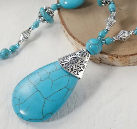 Genuine Turquoise Teardrop-shaped Pendant Necklace - Handcrafted, Statement Necklace