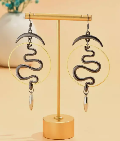 Boho Style - Moon & Snake Dangle Earrings - Light Weight - Statement Earrings