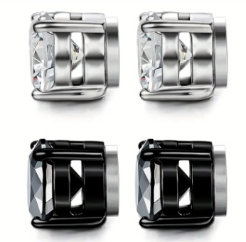 2 Pair 6MM - 4 Prong Mixed Stainless Steel Magnetic Non-Piercing Stud Earrings