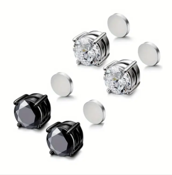 2 Pair 6MM - 4 Prong Mixed Stainless Steel Magnetic Non-Piercing Stud Earrings