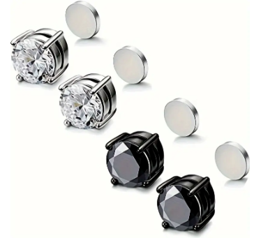 2 Pair 6MM - 4 Prong Mixed Stainless Steel Magnetic Non-Piercing Stud Earrings