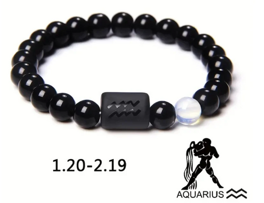 Aquarius Zodiac Signs Beaded Bracelet - Natural 8mm Black Onyx Stone Beads