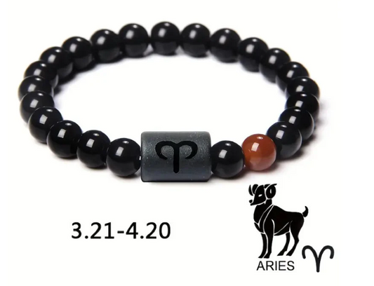 Aries Zodiac Signs Beaded Bracelet - Natural 8mm Black Onyx Stone Beads