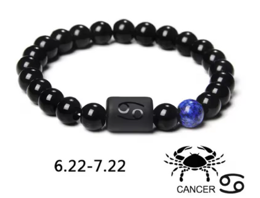 Cancer Zodiac Signs Beaded Bracelet - Natural 8mm Black Onyx Stone Beads