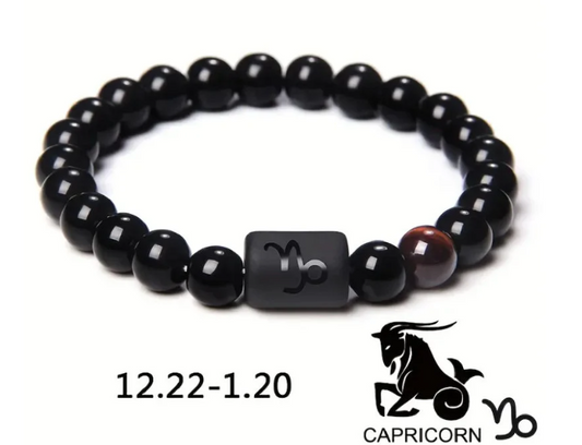 Capricorn Zodiac Signs Beaded Bracelet - Natural 8mm Black Onyx Stone Beads