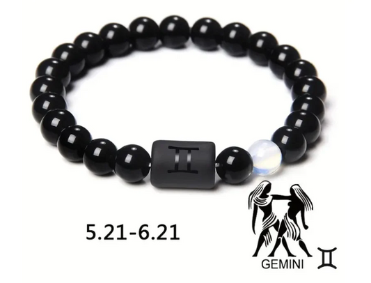 Gemini Zodiac Signs Beaded Bracelet - Natural 8mm Black Onyx Stone Beads