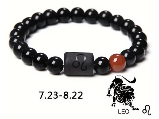 Leo Zodiac Signs Beaded Bracelet - Natural 8mm Black Onyx Stone Beads