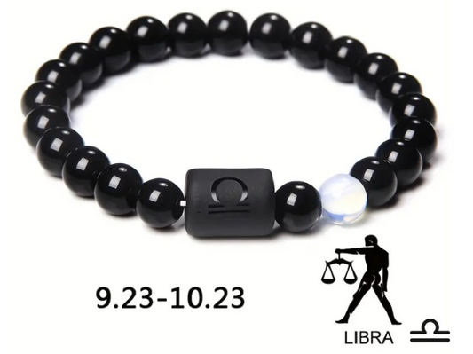 Libra Zodiac Signs Beaded Bracelet - Natural 8mm Black Onyx Stone Beads