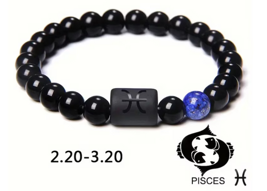 Pisces Zodiac Signs Beaded Bracelet - Natural 8mm Black Onyx Stone Beads