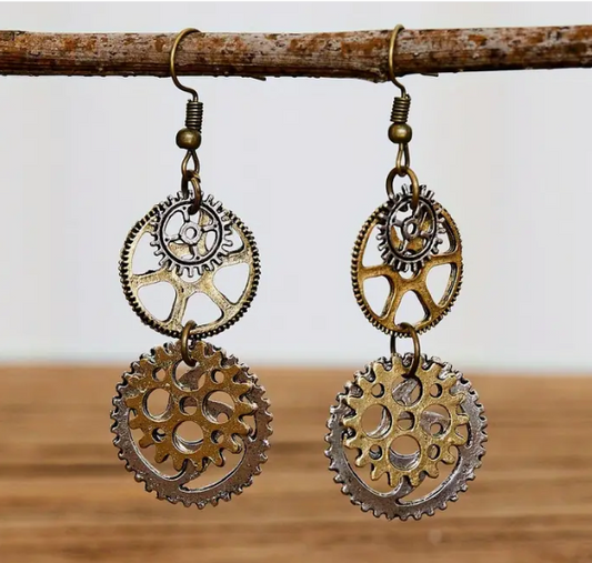 Retro Bohemian Steampunk Gear Design Dangle Earrings - Ethnic Mechanical