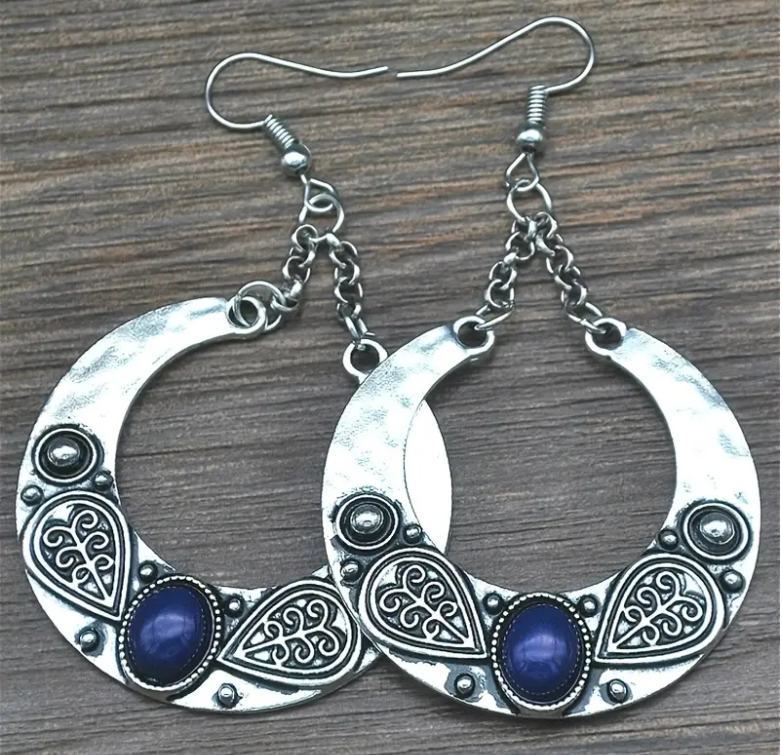 Vintage Bohemian Silver Blue Turquoise Carved Circle Earrings