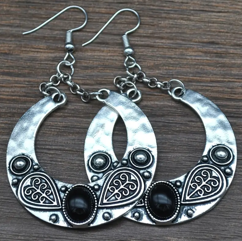 Vintage Bohemian Silver Black Turquoise Carved Circle Earrings