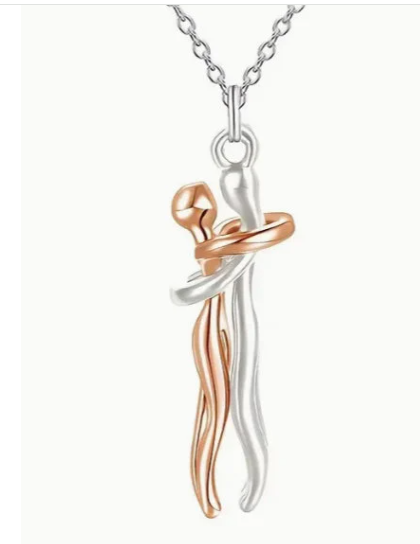 Hugging Couple Stainless Steel Pendant Necklace, Couple Jewelry - Silver Male & Rose Gold Female