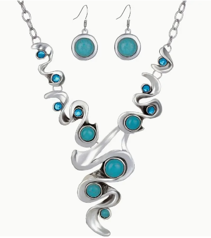 American Southwest Inspired Stimulated Turquoise Necklace & Earrings – 3-piece Jewelry Set