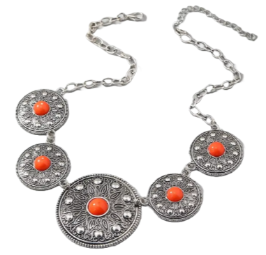 Boho Style Orange Stone Circle Disk-Shaped Pendant Necklace - Beautiful Statement Piece