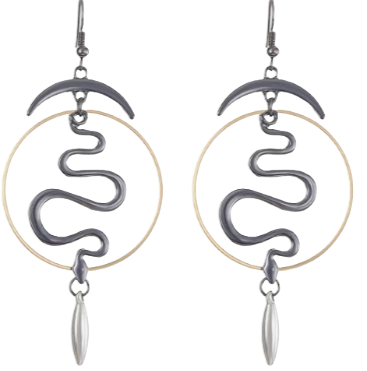 Boho Style - Moon & Snake Dangle Earrings - Light Weight - Statement Earrings