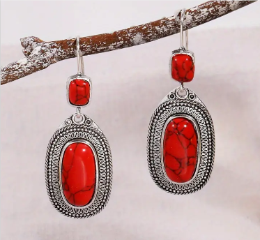 Exquisite Red Synthetic Gemstone Bohemian Vintage Drop Dangle Earrings