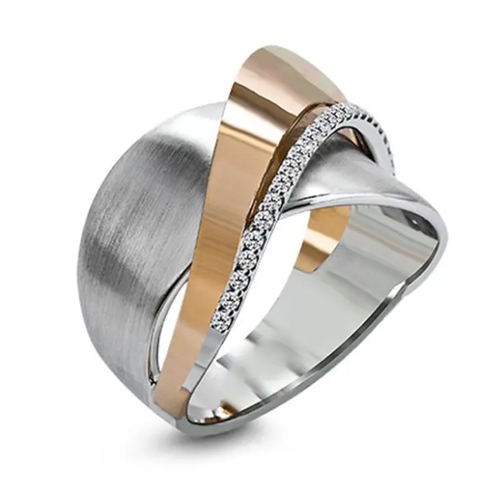 Wide Cross Band Style - Bi Color - Rose Gold & Silver Plated with Inlaid Cubic Zirconia Band - Wedding Band