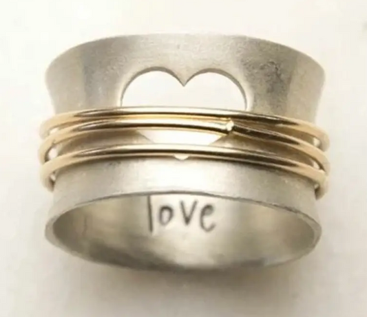 Vintage Boho Style Two Tone Love Cutout Heart Copper Wire Wrapped Band Ring