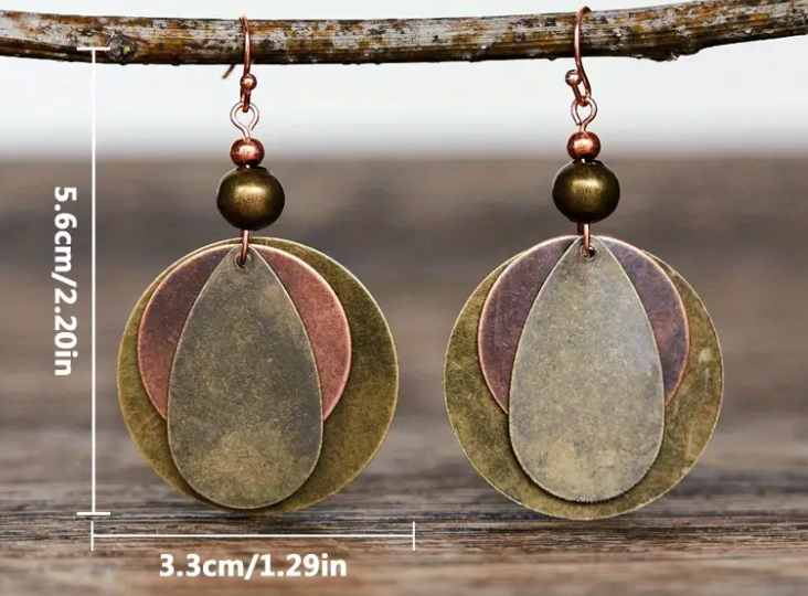 Bronze Boho Round Drop Shaped Layered Dangle Earrings - Hypoallergenic
