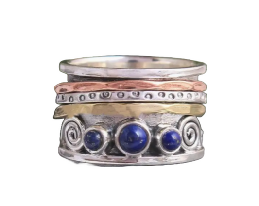 Beautiful Handcrafted Vintage Large Band Boho Style Three Tone Lapis Lazuli Ring - Mix Metals-Copper-Bronze