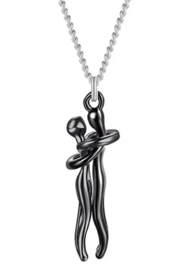 Hugging Couple Stainless Steel Pendant Necklace, Couple Jewelry - Black Male & Black Female