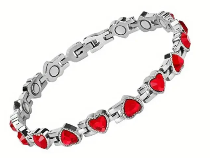 Heart Shaped Titanium Steel & Crystal Adjustable Magnetic Therapy Bracelet/Anklet - Great for active lifestyles and those in need an energy boost!