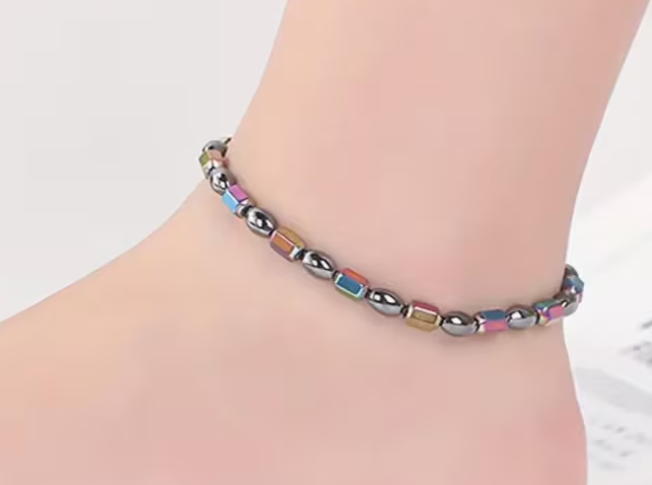 Iridescent Hematite Beaded Ankle Bracelet for Women & Men - "The Stone of the Mind" - Magnetic Therapy - Biomagnetic Therapy - Magnetherapy