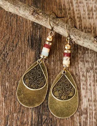 Retro Bohemian Carved Pattern - Drop Shape Dangle Earrings - Hypoallergenic