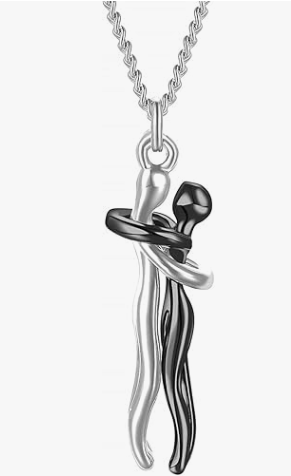 Hugging Couple Stainless Steel Pendant Necklace, Couple Jewelry - Silver Male & Black Female