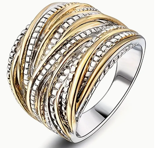 Two Tone Intertwined Crossover Statement Ring Chunky Band for Women