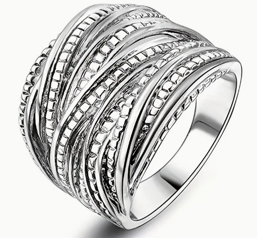 Silver Intertwined Crossover Statement Ring Chunky Band for Women