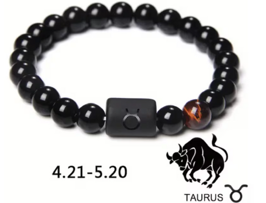 Taurus Zodiac Signs Beaded Bracelet - Natural 8mm Black Onyx Stone Beads