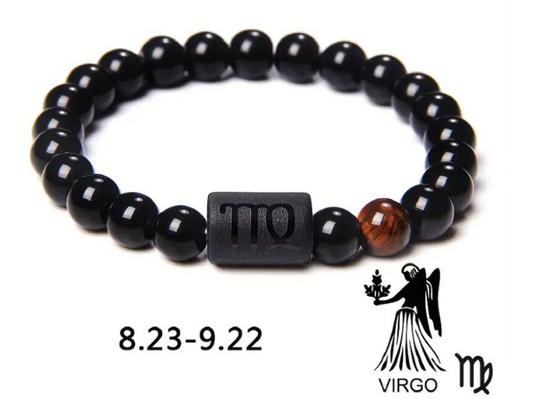 Virgo Zodiac Signs Beaded Bracelet - Natural 8mm Black Onyx Stone Beads