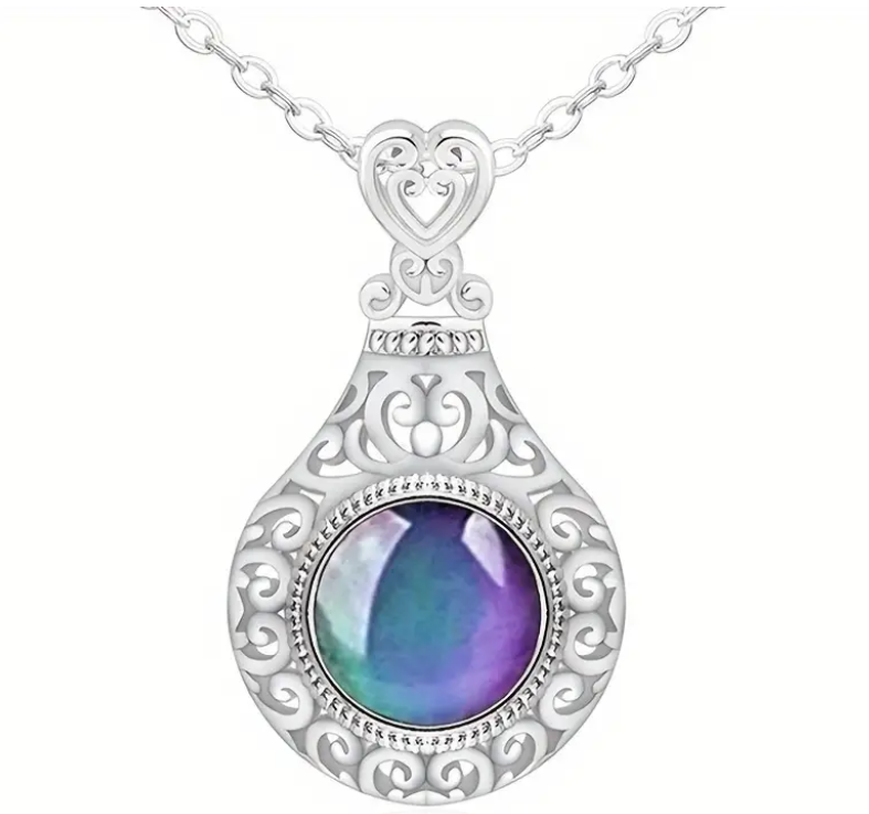 Classic Design Mood Stone Crystal Necklace - Round Stone Pendant Necklace - Color Changing Mood Stone